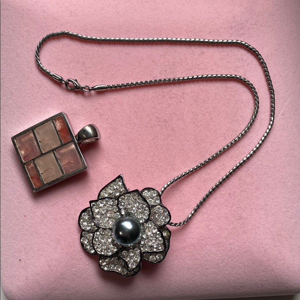 Dazzling Silver-tone & Black Floral Necklace with 2nd pendant pink tones